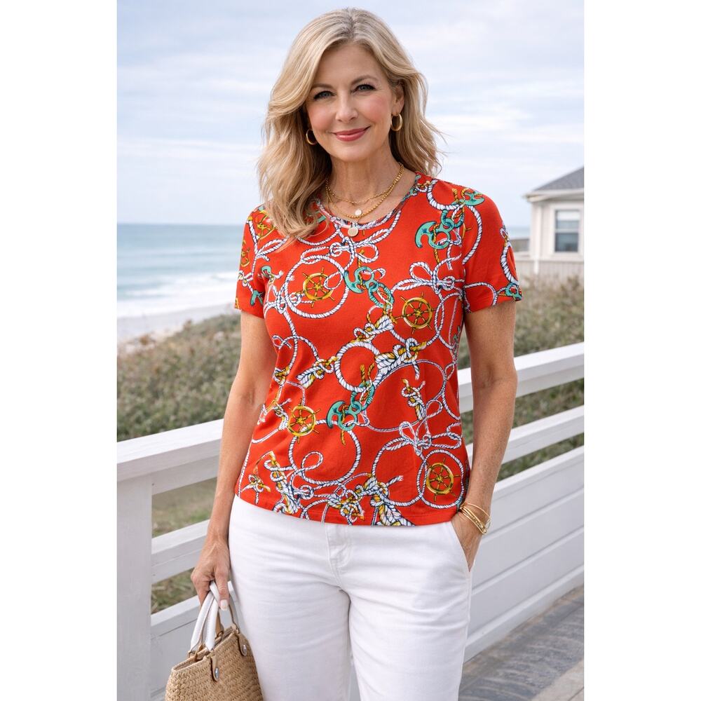 J. McLaughlin Red Chain Print Short Sleeve Top